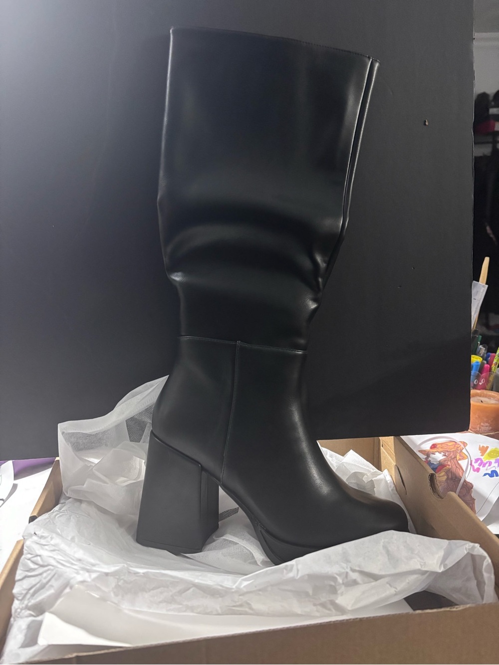 Elle Black Tall Block Heel Boots
